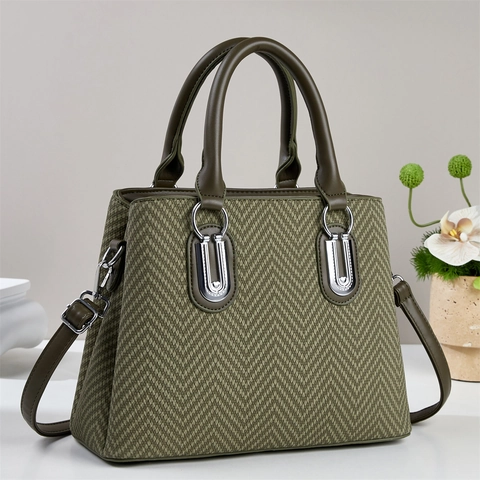 Women Handbag Large Capacity PU Leather Herringbone Woven Tote Bag Urban Minimalist Shoulder Bag Silver Buckle