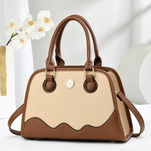 Women Handbag PU Leather Lychee Pattern Patchwork Color Block Retro Commuter Shoulder Crossbody Bag Adjustable Strap