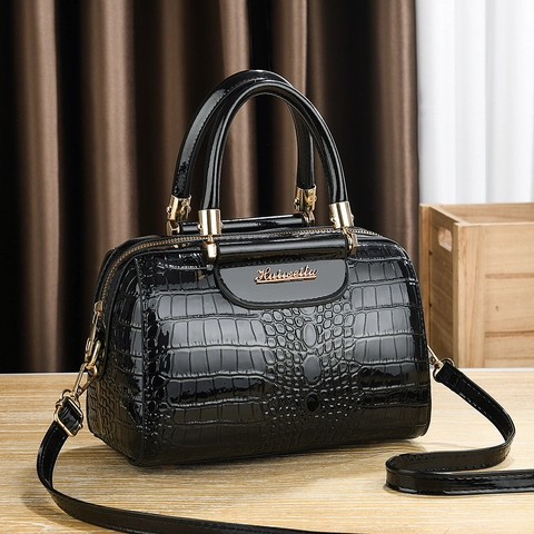 Damen Boston Tasche Krokodilmuster PU Leder Handtasche Glänzend Elegant Schulter Umhängetasche Große Kapazität Goldene Hardware Retro