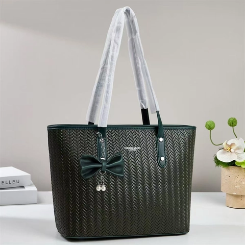 Damen Gewebte PU Leder Tote Bag Große Kapazität Handtasche Mit Schleife Künstliche Perle Anhänger Elegante Büro Schultertasche