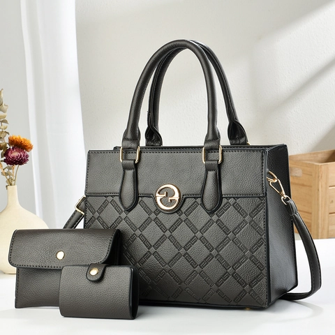 Women Handbag Pouch And Card Holder PU Leather Litchi Pattern Quilted Rhombic Gold Tone Hardware Elegant Crossbody
