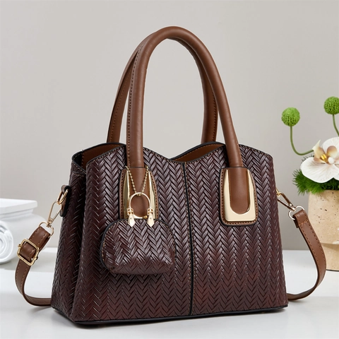 Frauen Tote Bag Gewebte Textur PU Leder Handtasche Umhängetasche Mit Mini Anhänger Tasche Mode Einfach