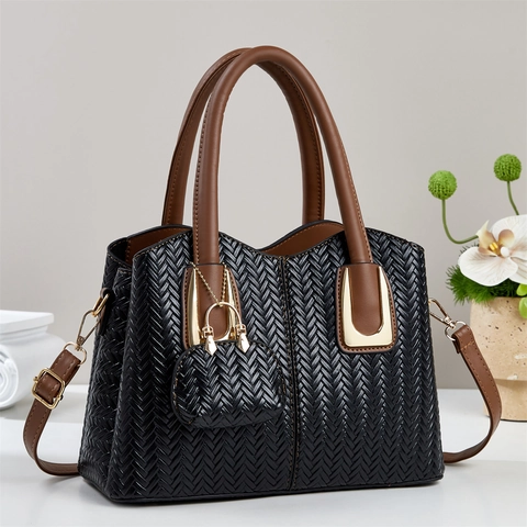 Frauen Tote Bag Gewebte Textur PU Leder Handtasche Umhängetasche Mit Mini Anhänger Tasche Mode Einfach