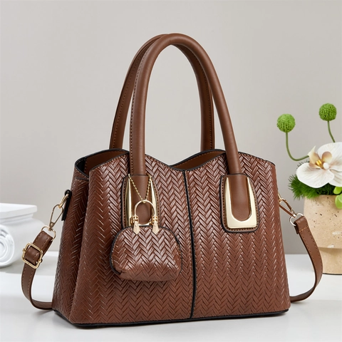 Women Large Capacity Woven PU Leather Handbag With Mini Pendant Bag Commute Tote Shoulder Bag Gold Hardware Modern Purse