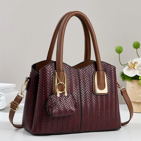 Women Large Capacity Woven PU Leather Handbag With Mini Pendant Bag Commute Tote Shoulder Bag Gold Hardware Modern Purse