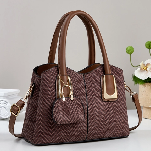 Borsa A Mano Donna Pelle PU Tessuto Spina Pesce Con Mini Pochette Tracolla Chic Pendolare Grande Tote