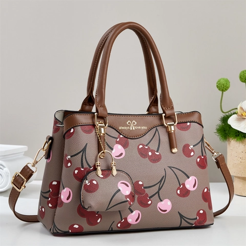 Sac À Main Fourre-Tout Femme Simili Cuir Motif Cerise Avec Mini Pochette Sac Bandoulière Style Élégant
