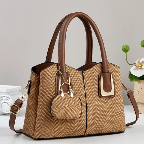 Fashion Women Tote Handbag PU Leather Herringbone Texture Large Capacity Chic Commuting Shoulder Crossbody Bag With Mini Pouch
