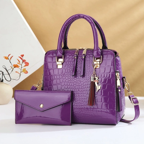 Women Fashion Handbag And Clutch Wallet Crocodile Pattern PU Leather Shiny Surface With Tassel Cat Charm Crossbody