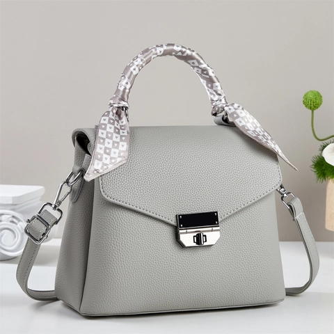 Women Lychee Pattern PU Leather Handbag Retro Flap Crossbody Bag With Scarf Wrapped Handle And Adjustable Strap