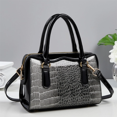 Women Handbag Crocodile Pattern PU Leather Shiny Glitter Shoulder Crossbody Bag Dual Handles Gold Hardware Elegant Boston Style