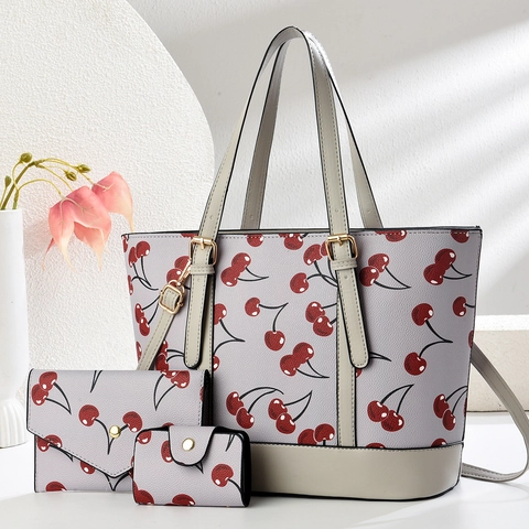 Borsa Tote In Pelle PU Con Stampa Ciliegia Portafoglio A Busta E Porta Carte Con Hardware Dorato Moda Donna Quotidiana Versatile
