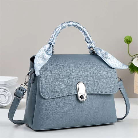 Handbag PU Leather Litchi Pattern Crossbody Bag Scarf Wrapped Handle Silver Metal Lock Chic Fashion For Women