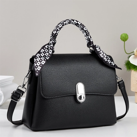 Handbag PU Leather Litchi Pattern Crossbody Bag Scarf Wrapped Handle Silver Metal Lock Chic Fashion For Women