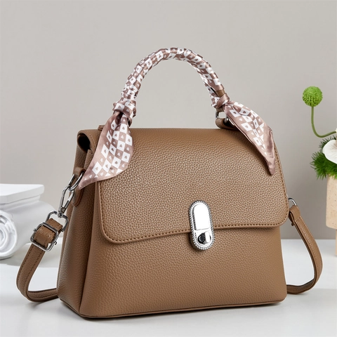 Women Lychee Grain PU Leather Shoulder Bag With Silk Scarf Handle Elegant Small Square Crossbody Handbag For Daily Use