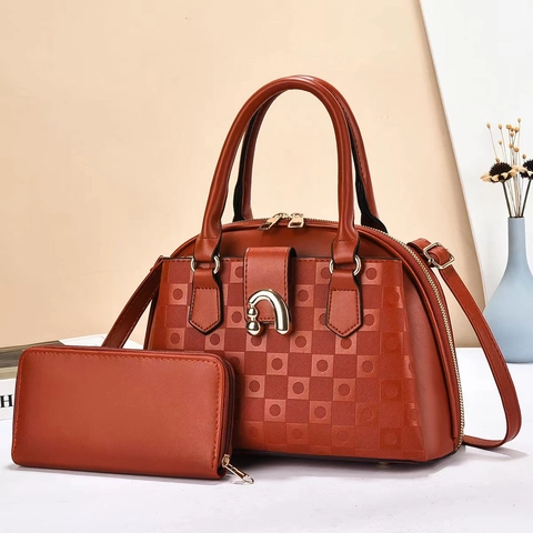 Damen Handtasche Und Lange Geldbörse PU Leder Geprägtes Karomuster Goldene Hufeisenschnalle Elegante Schulter Umhängetasche