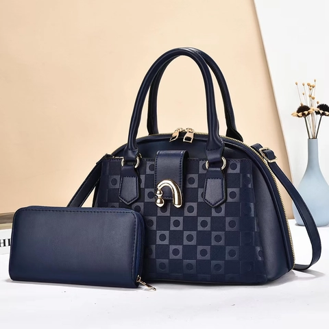 Damen Handtasche Und Lange Geldbörse PU Leder Geprägtes Karomuster Goldene Hufeisenschnalle Elegante Schulter Umhängetasche