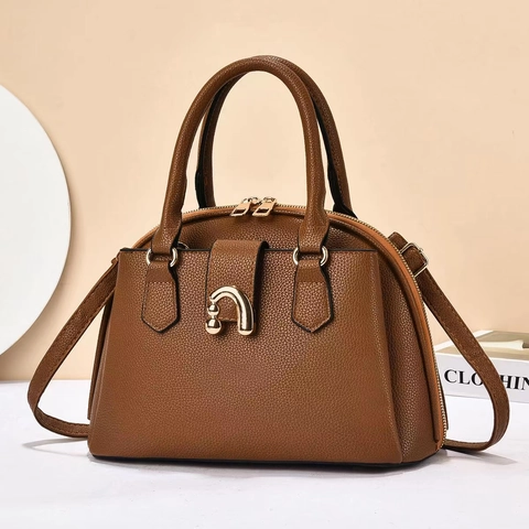 Sac À Main Femme En Cuir PU Texture Litchi Grande Capacité Sac Bandoulière Élégant Boucle Fer À Cheval Dorée Bureau Daily