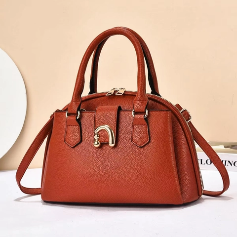 Sac À Main Femme En Cuir PU Texture Litchi Grande Capacité Sac Bandoulière Élégant Boucle Fer À Cheval Dorée Bureau Daily