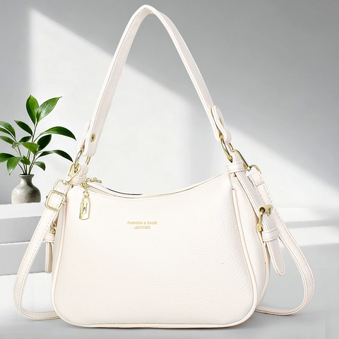 Borsa A Spalla Da Donna In Pelle PU Grana Litchi Grande Capacità Cerniera Minimalista Versatile Borsa A Tracolla