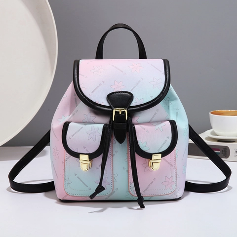 Mini Mochila De Moda Para Mujer Cuero PU Degradado Color Macaron Estampado Floral Multi Bolsillo Cordón Estilo Dulce Niñas