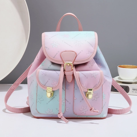 Mini Mochila De Moda Para Mujer Cuero PU Degradado Color Macaron Estampado Floral Multi Bolsillo Cordón Estilo Dulce Niñas
