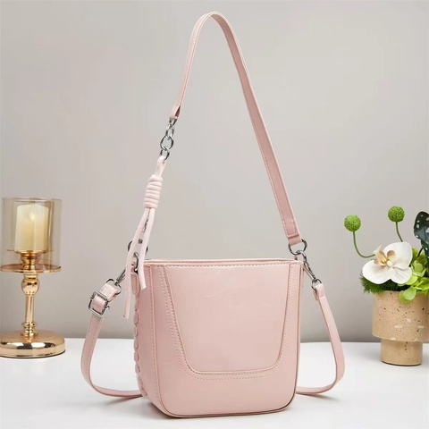 Vintage Women Bucket Bag PU Leather Oil Wax Texture Adjustable Strap Woven Knot Decor Shoulder Crossbody Bag Minimalist