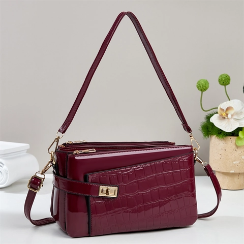Women Crossbody Bag PU Leather Crocodile Pattern Shiny Patent Finish Multi Zipper Compartment Stylish Shoulder Handbag