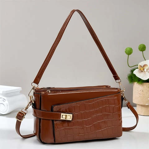 Women Crossbody Bag PU Leather Crocodile Pattern Shiny Patent Finish Multi Zipper Compartment Stylish Shoulder Handbag