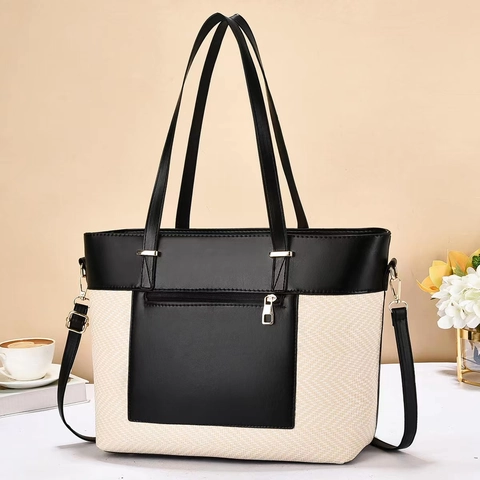 Dames Spliced PU Leer Geweven Tote Tas Grote Kapaciteit Casual Commuter Handtas Met Verstelbare Riem