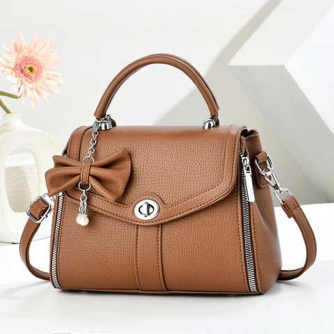 Bolso De Mano Para Mujer Cuero PU Textura Lichi Colgante Perla Artificial Lazo Bolso Bandolera Retro Elegante Asa Superior Estructurada
