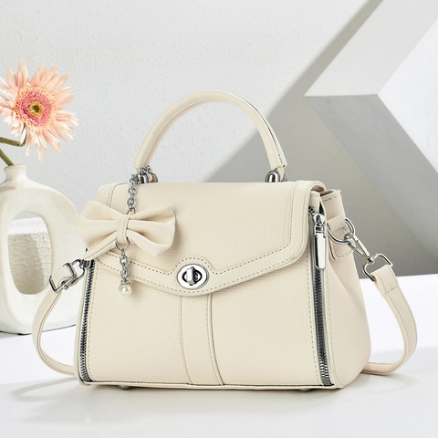 Bolso De Mano Para Mujer Cuero PU Textura Lichi Colgante Perla Artificial Lazo Bolso Bandolera Retro Elegante Asa Superior Estructurada