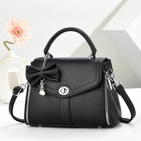 Vintage Women PU Leather Crossbody Bag Fashion Lychee Pattern Small Square Bag With Bow Artificial Pearl Pendant Handbag For Lady