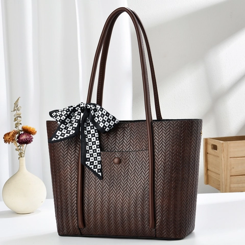 Große Damen-Einkaufstasche Aus PU-Leder Gewebte Textur Modische Einfache Pendler-Schulterhandtasche Mit Dekorativem Schal