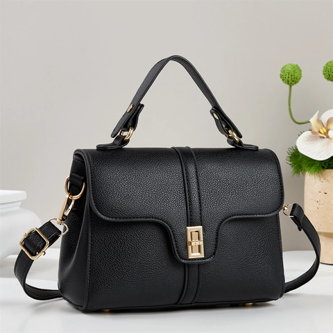 Fashion Women Litchi Pattern PU Leather Handbag Elegant Solid Color Flip Cover Shoulder Crossbody Bag With Golden Twist Lock