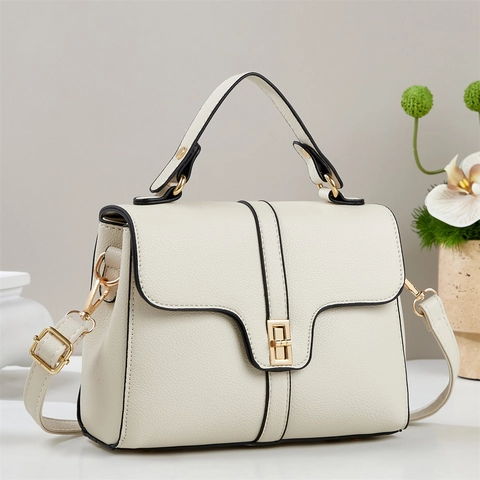 Fashion Women Litchi Pattern PU Leather Handbag Elegant Solid Color Flip Cover Shoulder Crossbody Bag With Golden Twist Lock