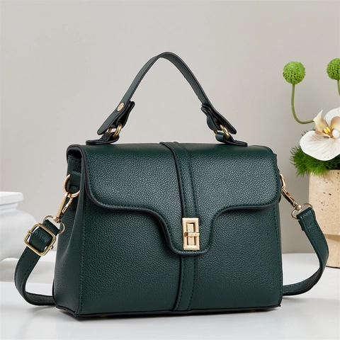 Women Litchi Grain PU Leather Handbag Elegant Flap Crossbody Bag With Gold Twist Lock Top Handle Simple Office Style