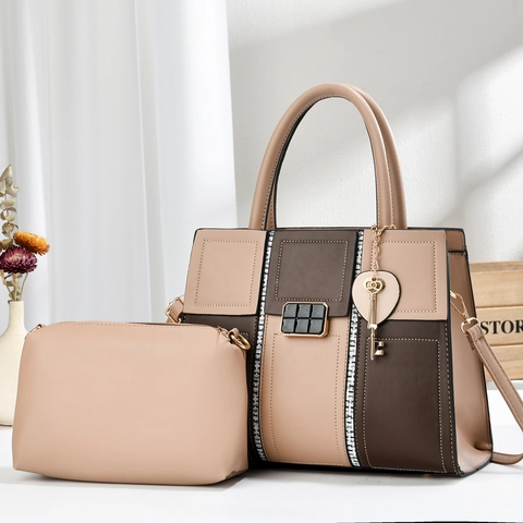 Color Block Tote Handtasche Und Clutch Beutel PU Leder Große Kapazität Umhängetasche Mit Schlüsselanhänger Für Damen