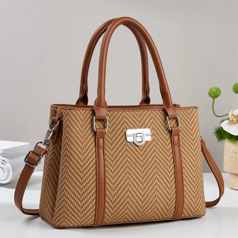 Borsa A Mano Donna Tessuto Lisca Di Pesce Pelle PU Tracolla Regolabile Retro Elegante Tote