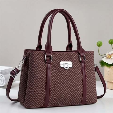 Borsa A Mano Donna Tessuto Lisca Di Pesce Pelle PU Tracolla Regolabile Retro Elegante Tote