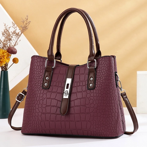 Women Crocodile Pattern PU Leather Handbag Contrast Color Shoulder Bag With Rotating Lock Elegant Tote Bag
