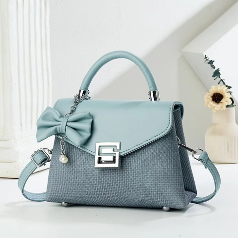 Women Handbag PU Leather Contrast Texture Small Square Bag With Bow And Artificial Pearl Pendant Elegant Crossbody Daily Style