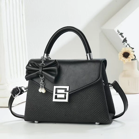 Women Elegant PU Leather Top Handle Handbag Minimalist Crossbody Square Bag With Bow Artificial Pearl Charm Fashion Tote For Daily Party