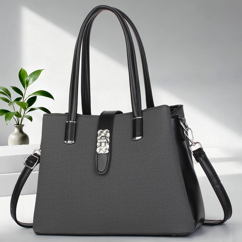 Borsa Tote Donna Pelle PU Tessuto Trama Intrecciata Fibbia Argento Ufficio Spalla Tracolla Borsa A Mano Elegante Minimalista