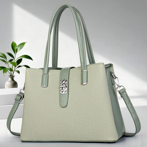 Borsa Tote Donna Pelle PU Tessuto Trama Intrecciata Fibbia Argento Ufficio Spalla Tracolla Borsa A Mano Elegante Minimalista