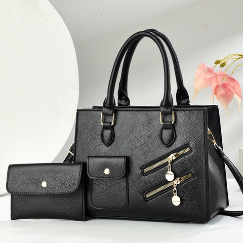 Sac À Main Et Pochette Femme Élégant Texture Litchi Similicuir Double Fermeture Éclair Poche Avant Sac Bandoulière Versatile