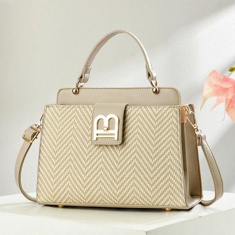 Borsa A Mano Donna Elegante Pelle PU Tessuto Intrecciato Fibbia In Metallo B Borsa A Tracolla Manico Pendolare Minimalista