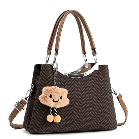 Women Handbag PU Leather Herringbone Woven Large Capacity Shoulder Crossbody Bag With Fuzzy Cloud Charm Minimalist Fashion
