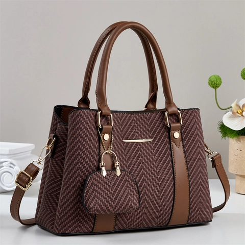 Women Handbag And Mini Coin Purse Herringbone Tweed PU Leather Large Capacity Commuter Retro Elegant Handheld Bag