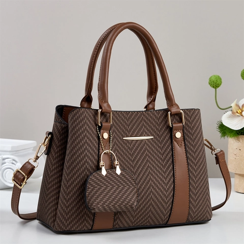 Women Handbag And Mini Coin Purse Herringbone Tweed PU Leather Large Capacity Commuter Retro Elegant Handheld Bag